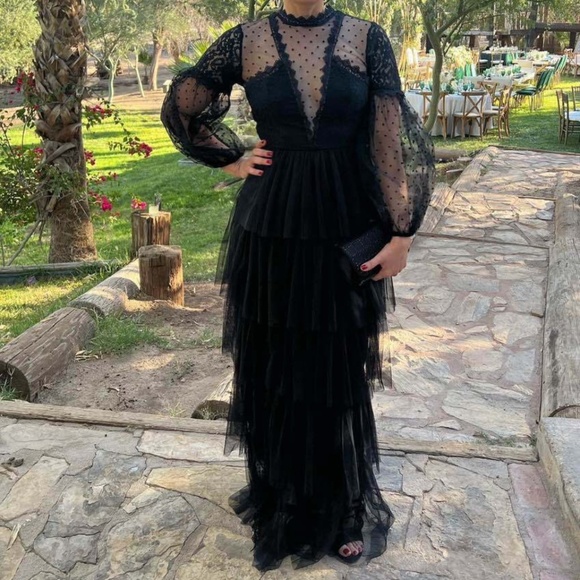 Luxe Black Polka Dot Lace Layered Party Evening Dress - Picture 1 of 6